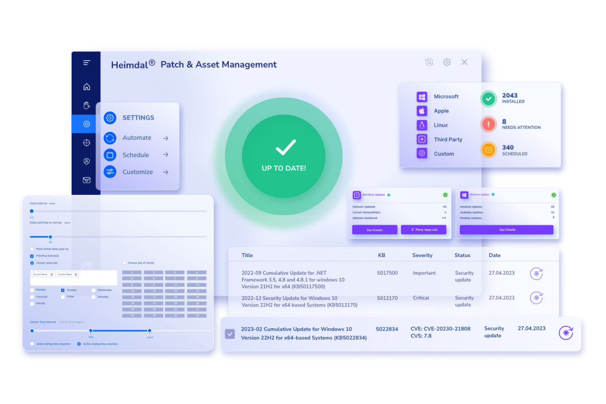 Heimdal Patch & Asset Management interface displaying an 'Up to Date' status, alongside patch automation settings and current update details for Microsoft, Apple, Linux, and third-party software. Ideal for showcasing streamlined patch management and system security updates.