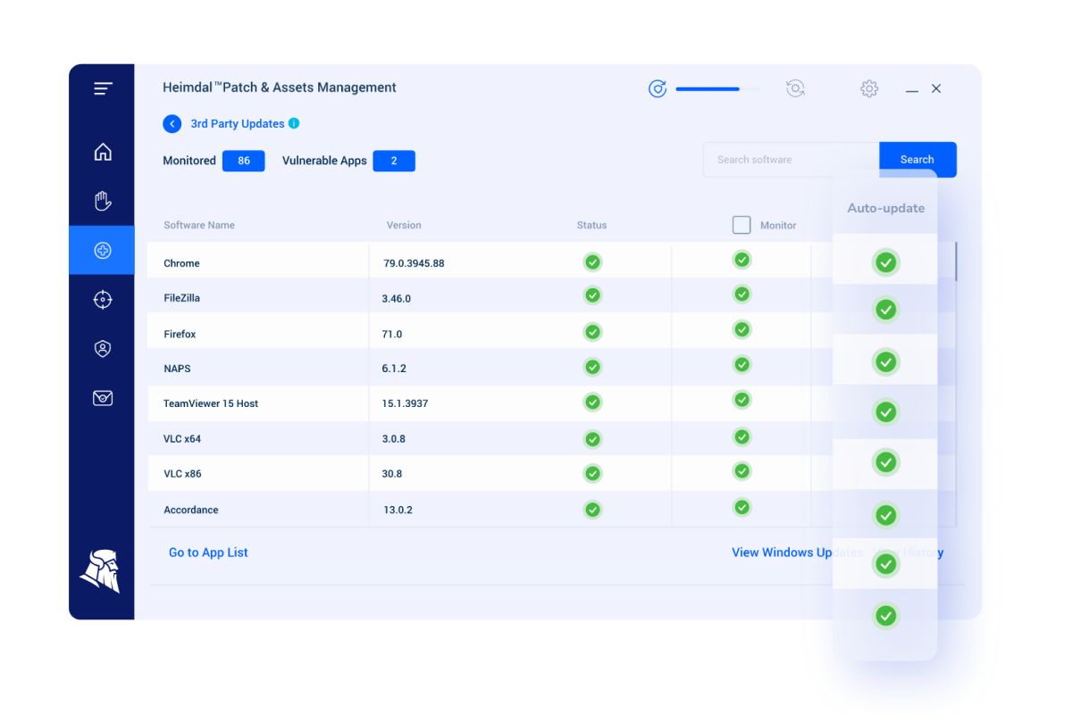 Heimdal Patch & Asset Management interface showing a list of monitored third-party software like Chrome, Firefox, and VLC, with status indicators and auto-update options. Useful for highlighting third-party patch management features.