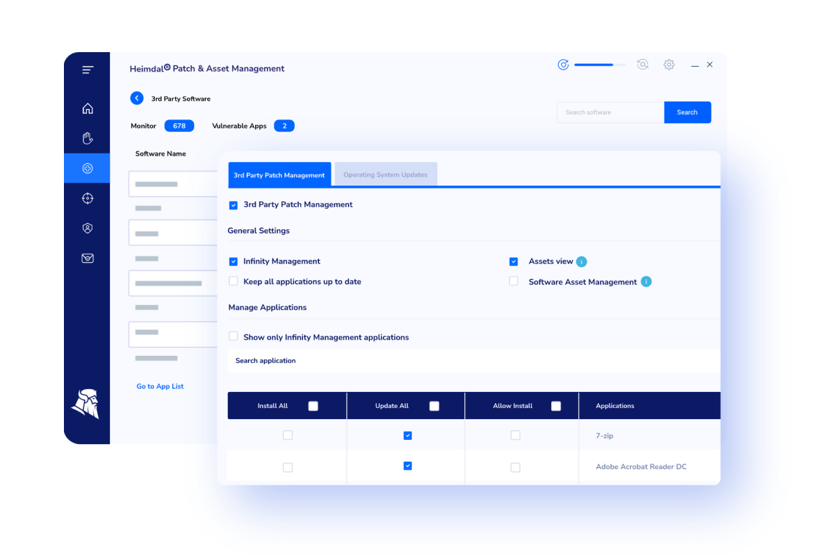 Heimdal Patch & Asset Management advanced settings screen featuring third-party patch management and Infinity Management applications, allowing users to configure and automate software updates. Perfect for explaining customizable patching solutions.