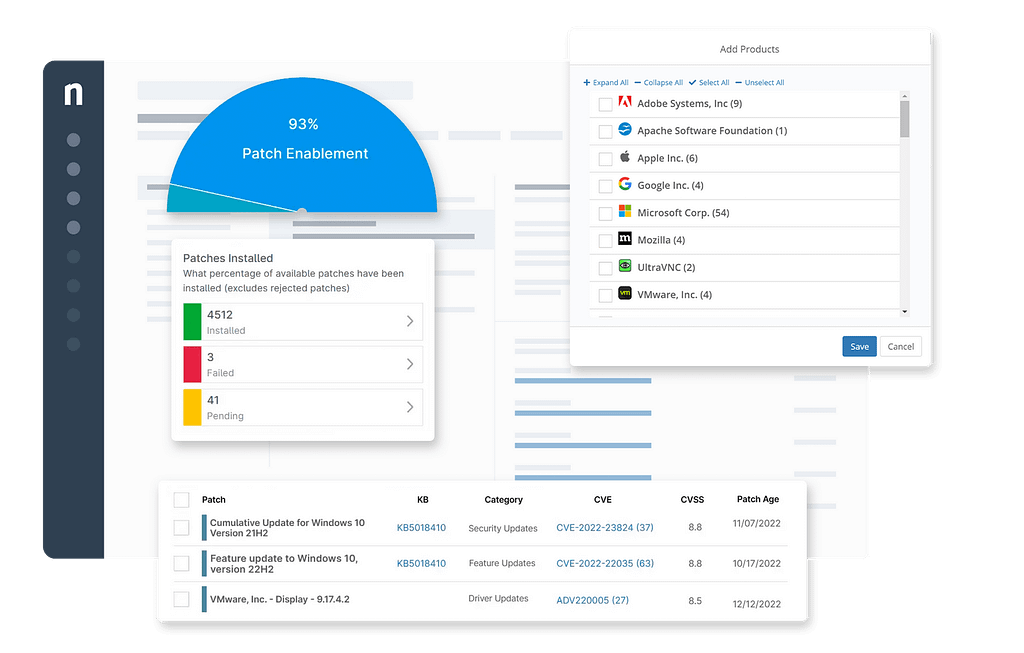 Screenshot of NinjaOne Patch Management dashboard showing 93% patch enablement with a breakdown of installed, failed, and pending patches. The interface also features a product selection window for patching software from vendors like Adobe, Apple, Google, Microsoft, and more. A list of security updates, including cumulative and feature updates for Windows and VMware, is displayed with details such as CVE, CVSS score, and patch age. This image illustrates patch status monitoring and software management in IT environments.