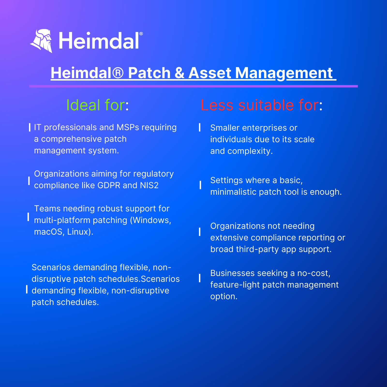 Heimdal Patch and Asset Management applicability sheet. 