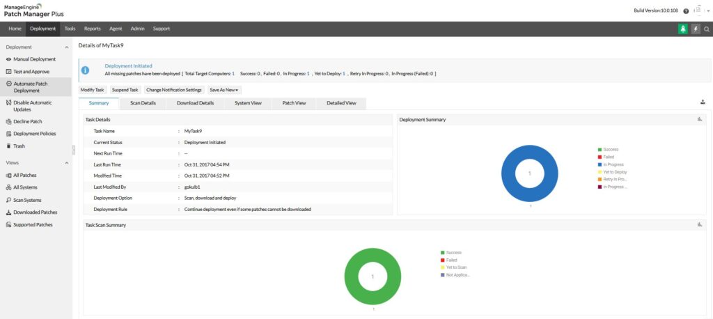 ManageEngine Patch Manager Plus dashboard displaying the details of a patch deployment task. The interface shows task details such as task name, status, last run time, and deployment rule, along with deployment and task scan summaries using pie charts. The left panel features options for manual deployment, automatic patching, deployment policies, and scan system views. Ideal for illustrating comprehensive patch management and deployment tracking in an IT environment.