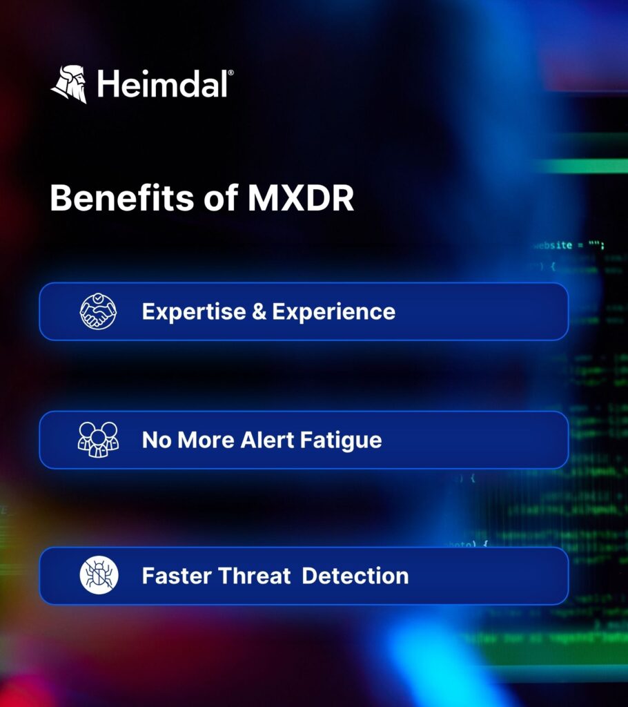 Heimdal graphic titled ‘Benefits of MXDR’ listing three key advantages: Expertise & Experience, No More Alert Fatigue, and Faster Threat Detection. Blue UI-style buttons with icons are overlaid on a dark tech-themed background with code