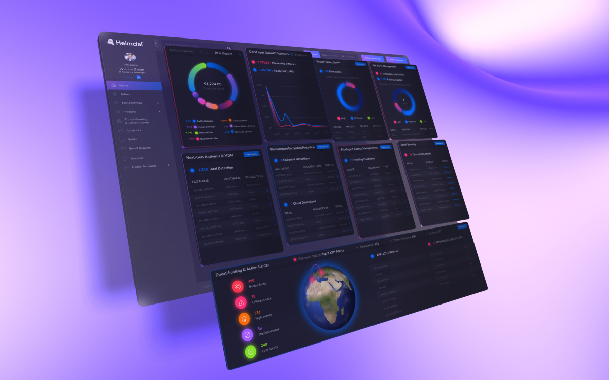 An angled view of the Heimdal Security dashboard displaying various security analytics and metrics in a sleek interface against a purple gradient backdrop.