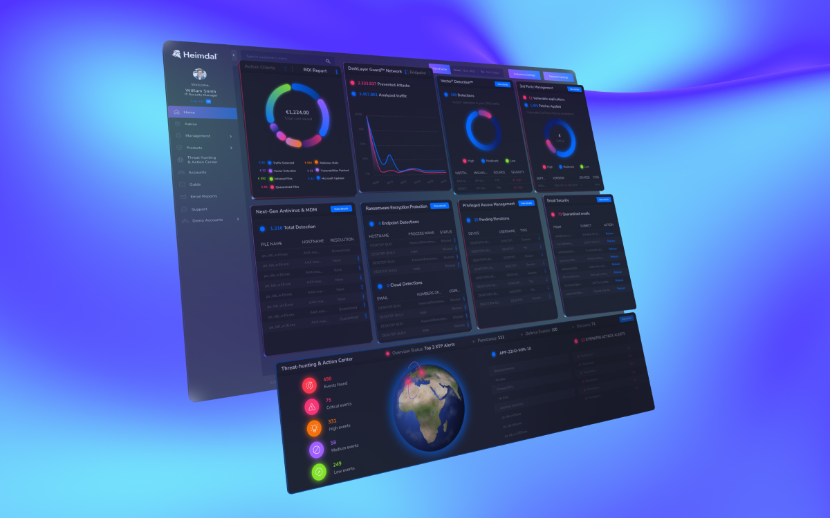A detailed and angled view of the Heimdal Security dashboard showcasing essential security metrics and reports against a blue gradient background.