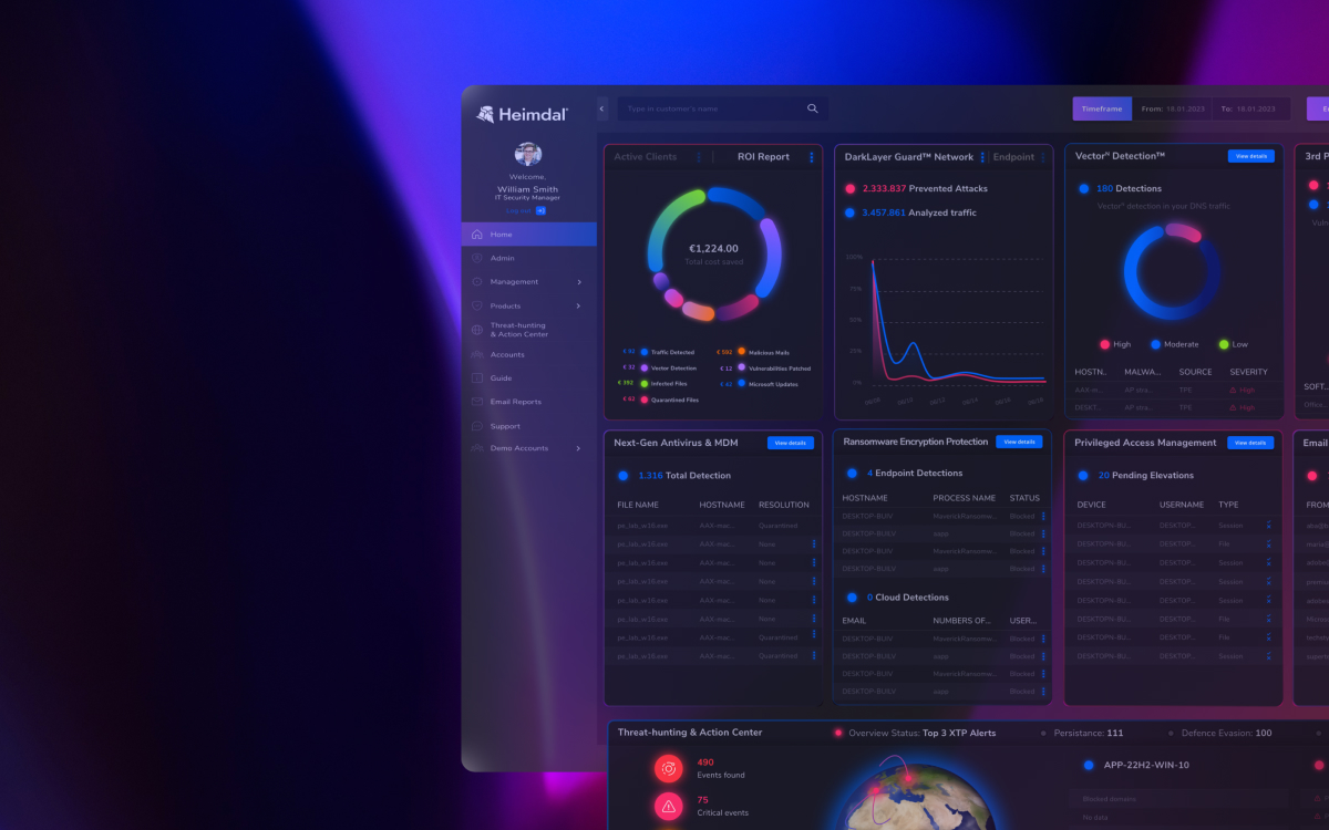 A comprehensive view of the Heimdal Security dashboard, showcasing various security metrics and system statuses against a purple gradient background.