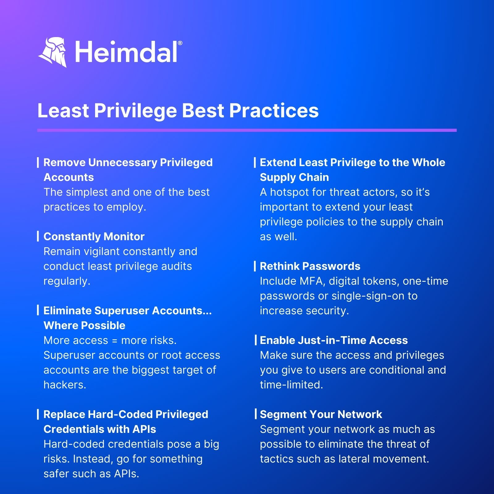 A comprehensive guide to implementing least privilege best practices, including steps such as removing unnecessary privileged accounts, enabling just-in-time access, and replacing hard-coded credentials with APIs to strengthen cybersecurity.