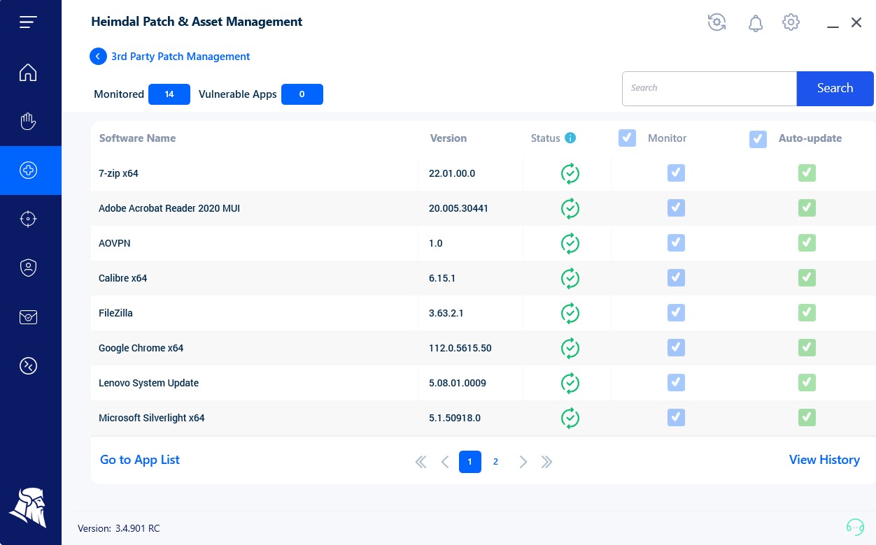Screenshot of Heimdal Patch & Asset Management software list displaying various monitored applications and their update statuses.