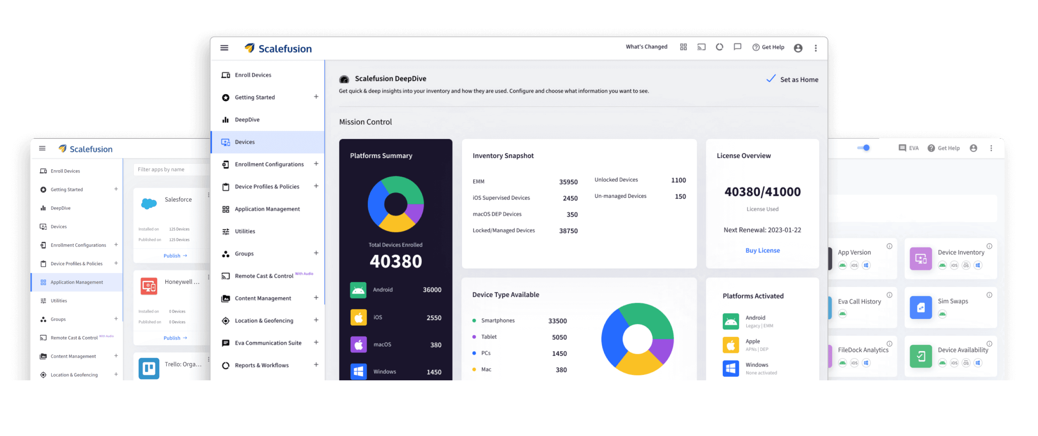 A dashboard for Scalefusion, showcasing various management and inventory metrics. Key sections include: Mission Control: Displays Platforms Summary with Total Devices Enrolled (40,380) across Android (36,000), iOS (2,550), macOS (380), and Windows (1,450). Inventory Snapshot: Provides details on EMM, iOS Supervised Devices (2,450), macOS DEP Devices (350), Locked/Managed Devices (38,750), Unlocked Devices (1,100), and Un-managed Devices (150). License Overview: Shows current license usage (40,380/41,000) and the next renewal date (2023-01-22), with an option to buy a license. Device Type Available: Breakdown of Smartphones (33,500), Tablets (5,050), PCs (1,450), and Macs (380). The sidebar menu includes options for Enroll Devices, Getting Started, DeepDive, Devices, Enrollment Configurations, Device Profiles & Policies, Application Management, Utilities, Groups, Remote Cast & Control, Content Management, Location & Geofencing, Eva Communication Suite, and Reports & Workflows. The top bar provides navigation for What's Changed, Get Help, and more.