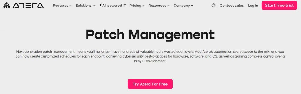 Screenshot of Atera's website displaying their Patch Management feature. The page emphasizes the advantages of next-generation patch management, including automated scheduling and improved cybersecurity for IT environments. There is a prominent "Try Atera For Free" button.