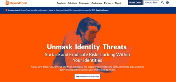 BeyondTrust homepage featuring identity threat management.