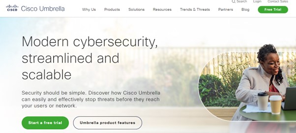 Cisco Umbrella website showcasing modern cybersecurity solutions that are streamlined and scalable.