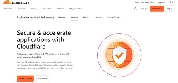 Cloudflare website emphasizing secure and accelerated application performance with their services.