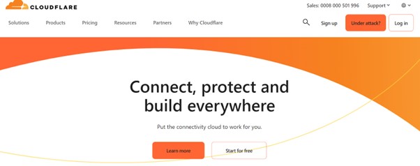 Cloudflare homepage highlighting connectivity, protection, and building capabilities.