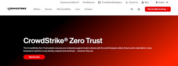 CrowdStrike homepage promoting Zero Trust cybersecurity solutions.