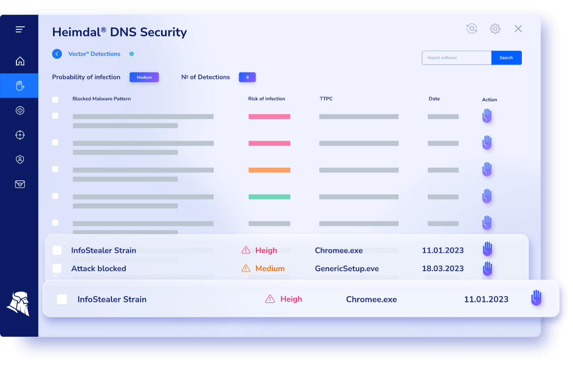 Heimdal® DNS Security interface showcasing detection details including probability of infection, number of detections, risk levels, and actions taken against threats like InfoStealer strain and blocked attacks.