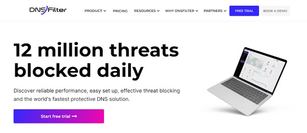 DNSFilter website highlighting the ability to block 12 million threats daily with easy setup and effective threat blocking.