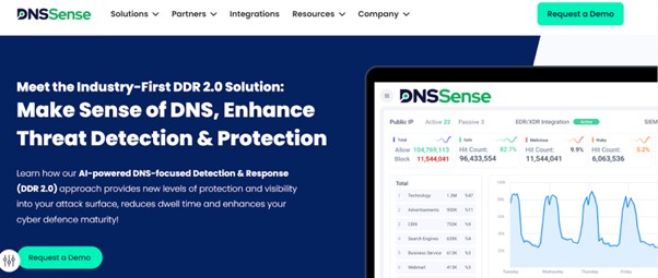 DNS Sense website presenting their AI-powered DNS Detection & Response (DDR 2.0) solution for enhanced threat detection and protection.