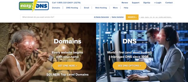 EasyDNS website promoting their domain registration and managed DNS services since 1998.