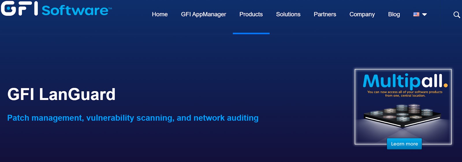 Screenshot of GFI Software's website featuring their GFI LanGuard product. The page highlights key functionalities such as patch management, vulnerability scanning, and network auditing, with a visual of the Multipall product.