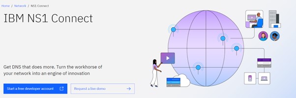 IBM NS1 Connect page featuring advanced DNS services for network innovation and efficiency.