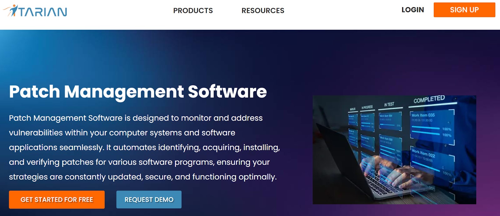 Screenshot of Itarian's website showcasing their Patch Management Software. The page describes the software's capability to monitor and address vulnerabilities, automate patch management processes, and ensure software security and optimal functioning. There are options to "Get Started For Free" or "Request Demo".