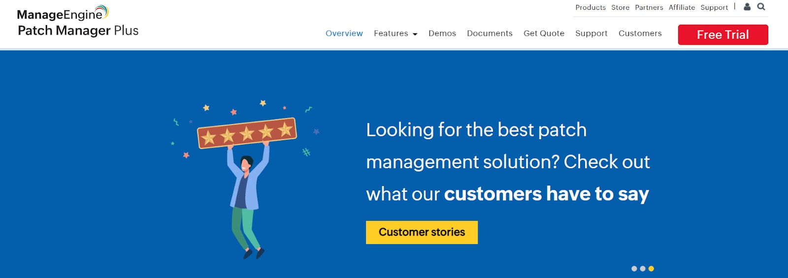 Screenshot of ManageEngine's website presenting their Patch Manager Plus solution. The page invites users to explore customer reviews about the best patch management solution and offers a "Free Trial" button.