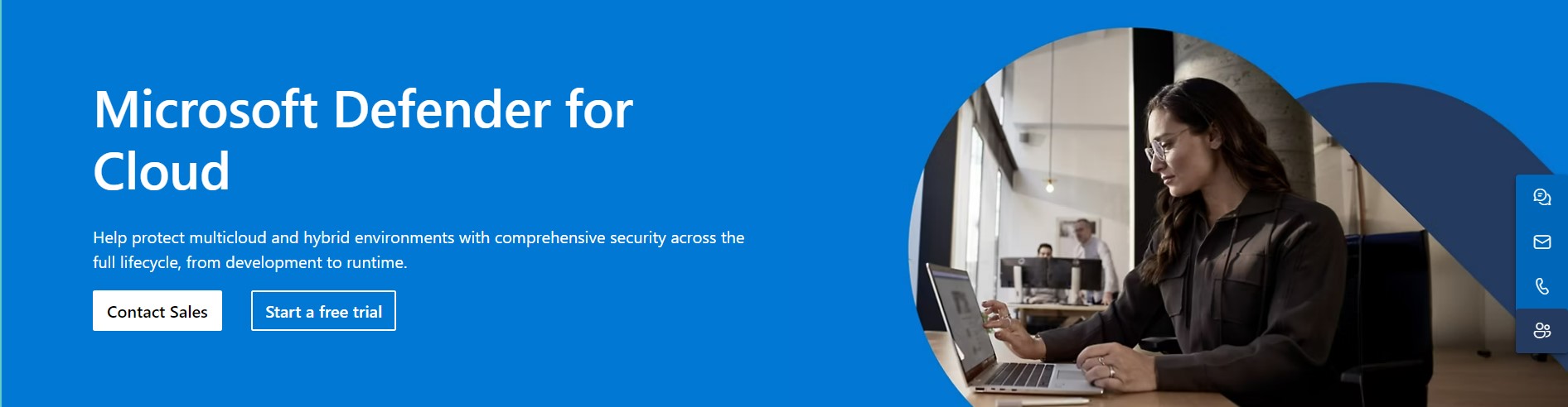 Microsoft Defender for Cloud: Banner image showcasing Microsoft Defender for Cloud, highlighting its protection for multicloud and hybrid environments with comprehensive security across the full lifecycle.