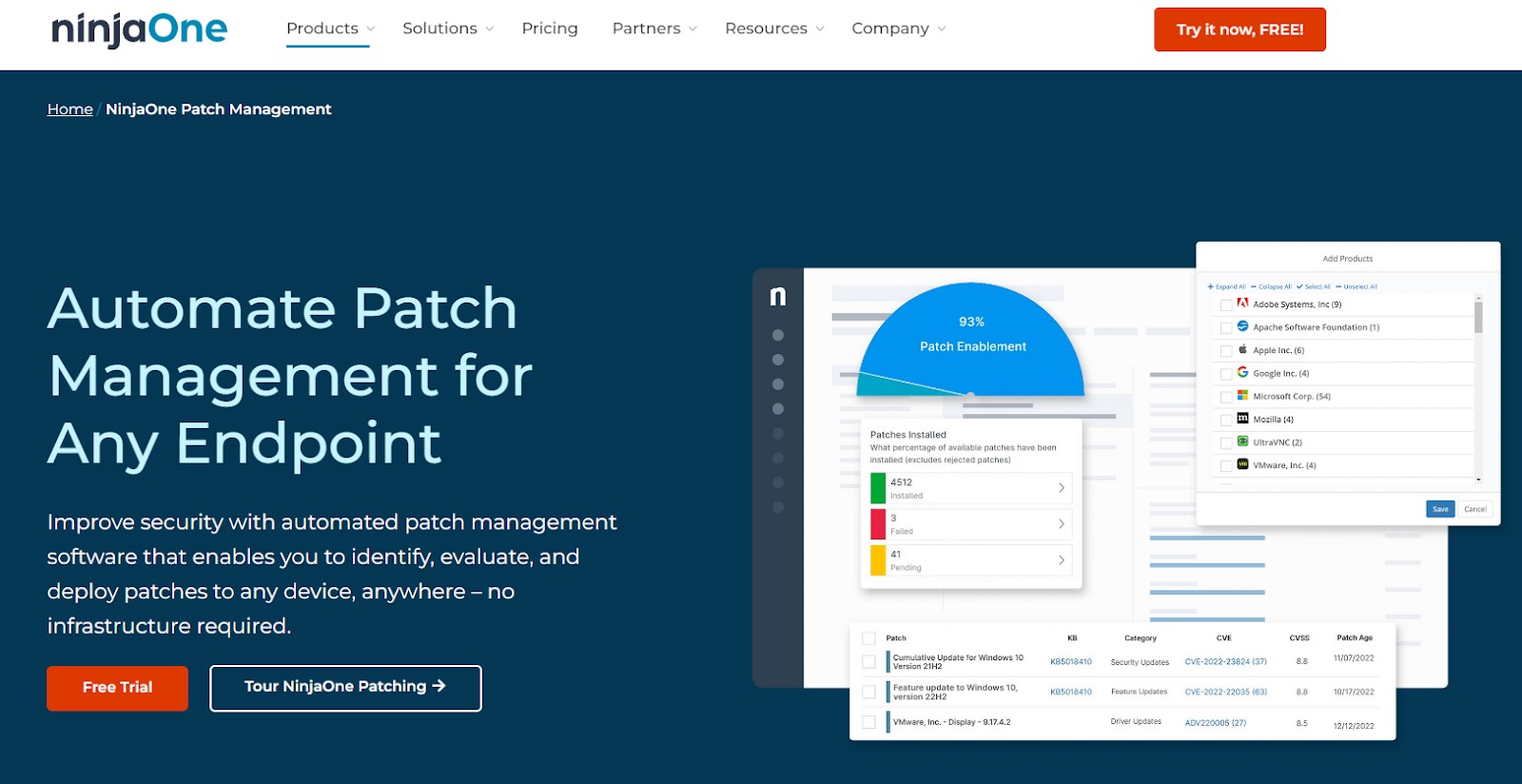 Screenshot of NinjaOne's website detailing their Patch Management solution. The page highlights the software's ability to automate patch management for any endpoint, improving security and allowing for easy patch deployment. There are buttons for "Free Trial" and a tour of NinjaOne patching. 