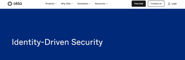 Okta homepage focusing on identity-driven security solutions.