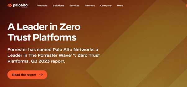 Palo Alto Networks homepage emphasizing leadership in Zero Trust platforms.