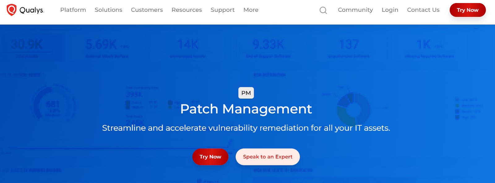 Screenshot of Qualys's website introducing their Patch Management feature. The page focuses on streamlining and accelerating vulnerability remediation for IT assets and includes buttons for "Try Now" and "Speak to an Expert".