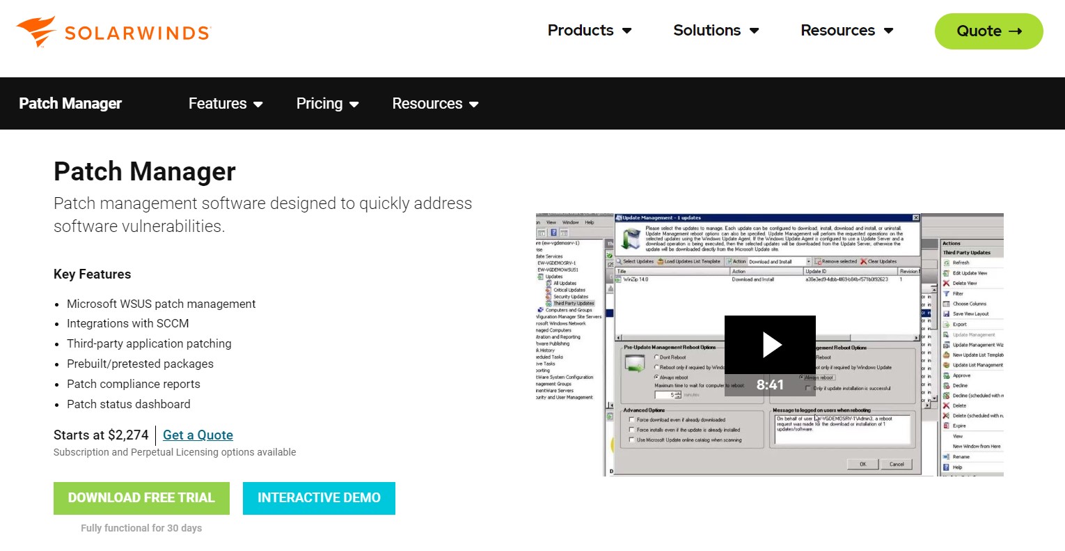 Screenshot of SolarWinds's website advertising their Patch Manager product. The page lists key features such as WSUS patch management, SCCM integrations, third-party application patching, and more. It offers options for a free trial download and an interactive demo. 