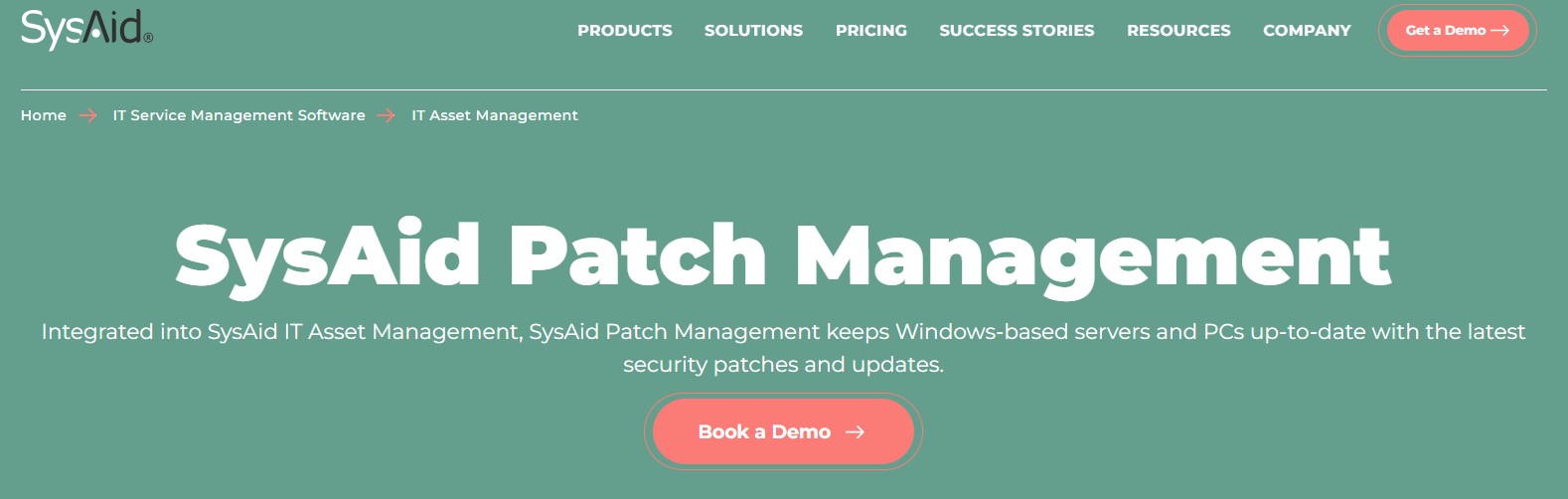 Screenshot of SysAid's website promoting their Patch Management integrated into IT Asset Management. The page assures users of keeping Windows-based servers and PCs updated with the latest security patches and updates. There is a button to book a demo.