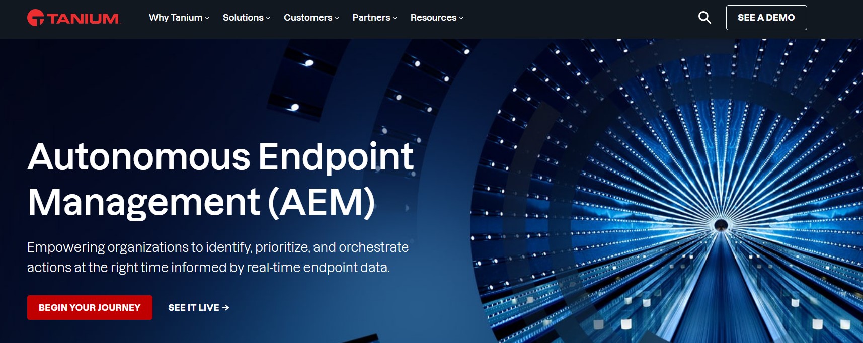 Tanium Autonomous Endpoint Management (AEM): Banner image for Tanium's Autonomous Endpoint Management (AEM), emphasizing its capabilities in identifying, prioritizing, and orchestrating actions with real-time endpoint data.