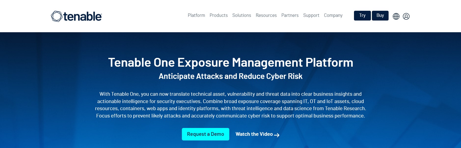 Tenable One Exposure Management Platform: Banner image for Tenable One Exposure Management Platform, focusing on translating technical, vulnerability, and threat data into actionable intelligence to reduce cyber risk.