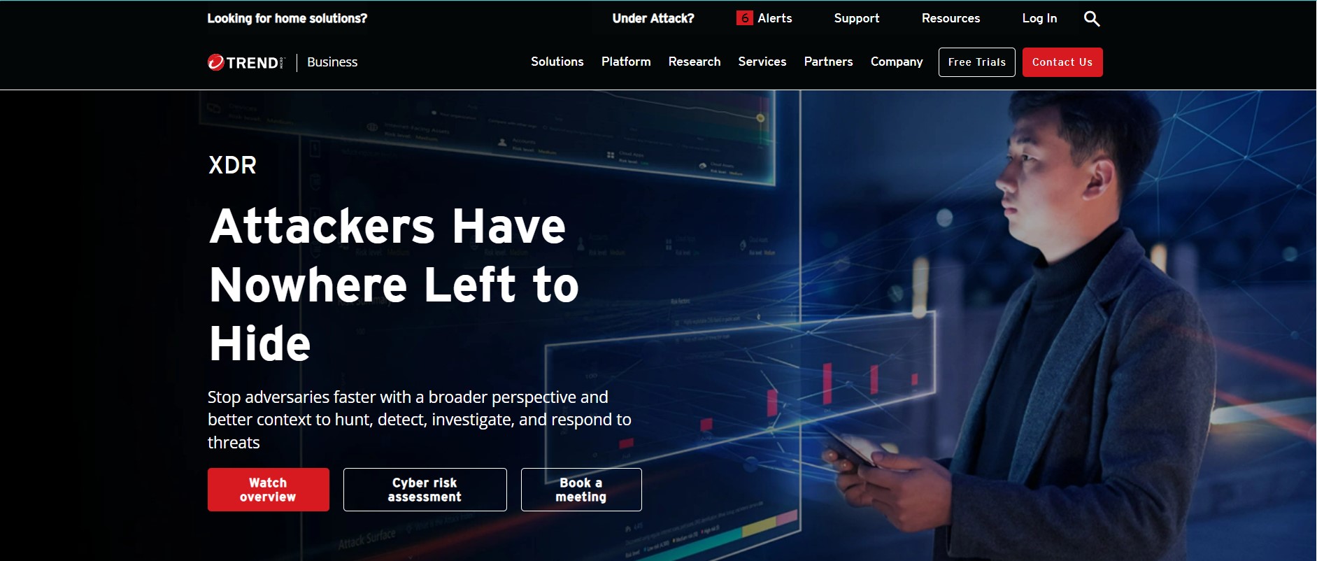 Trend Micro XDR: Banner image for Trend Micro's XDR, promoting its advanced threat detection and response capabilities, with a tagline "Attackers Have Nowhere Left to Hide."