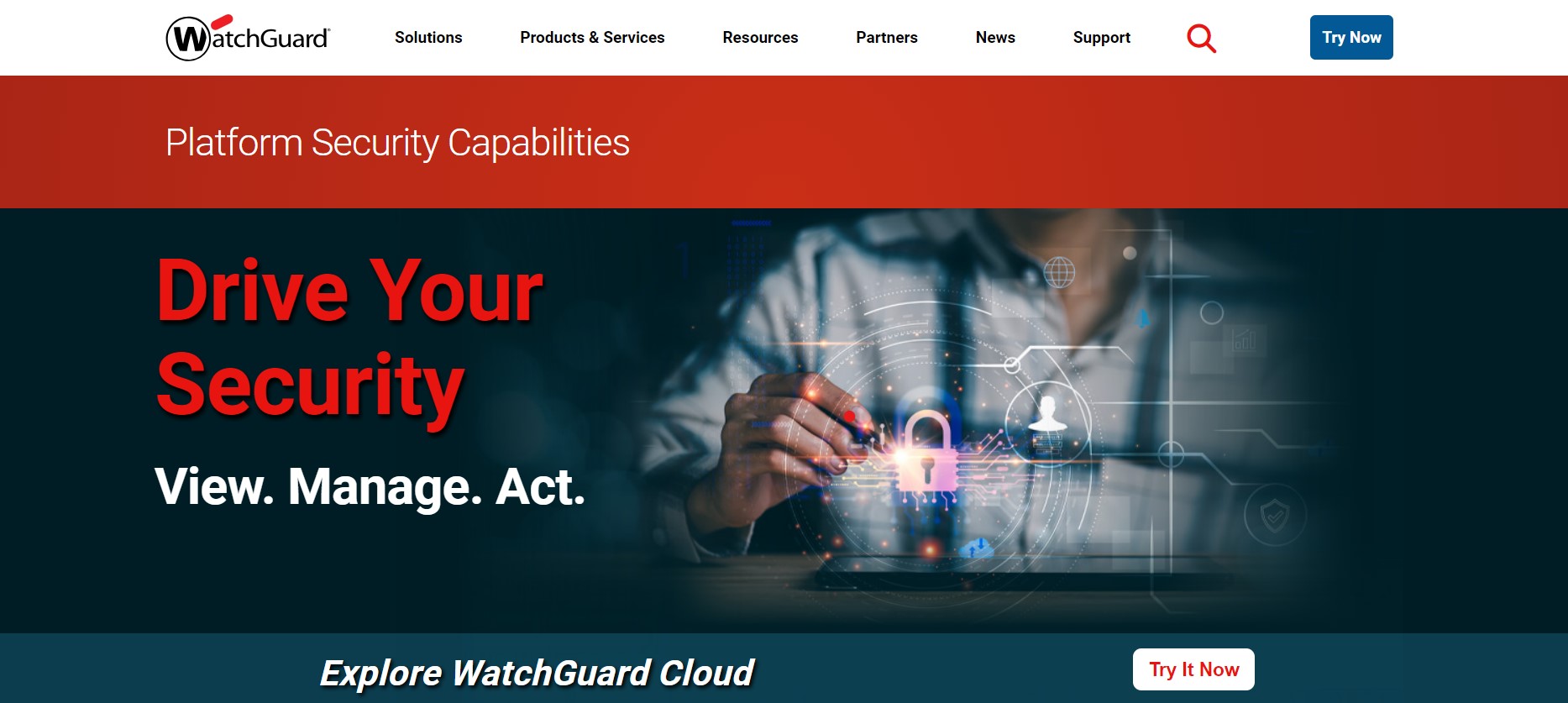 WatchGuard Platform Security Capabilities: Banner image for WatchGuard's platform security capabilities, encouraging users to "Drive Your Security" with features to view, manage, and act on security threats.