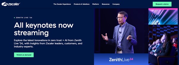 Zscaler homepage featuring streaming keynotes and insights from Zenith Live '24.