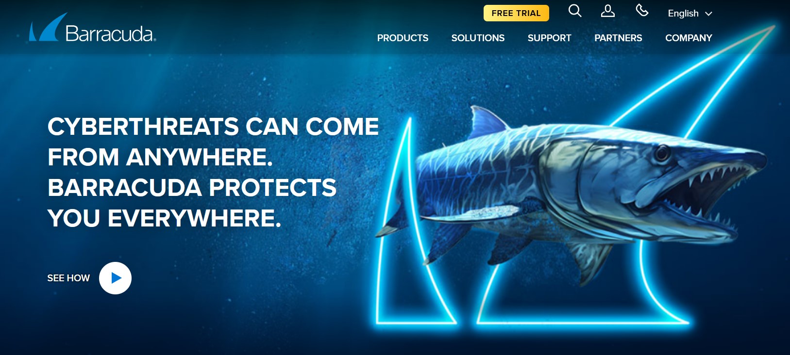 Barracuda Networks homepage with a barracuda fish graphic and the text "Cyberthreats can come from anywhere. Barracuda protects you everywhere."