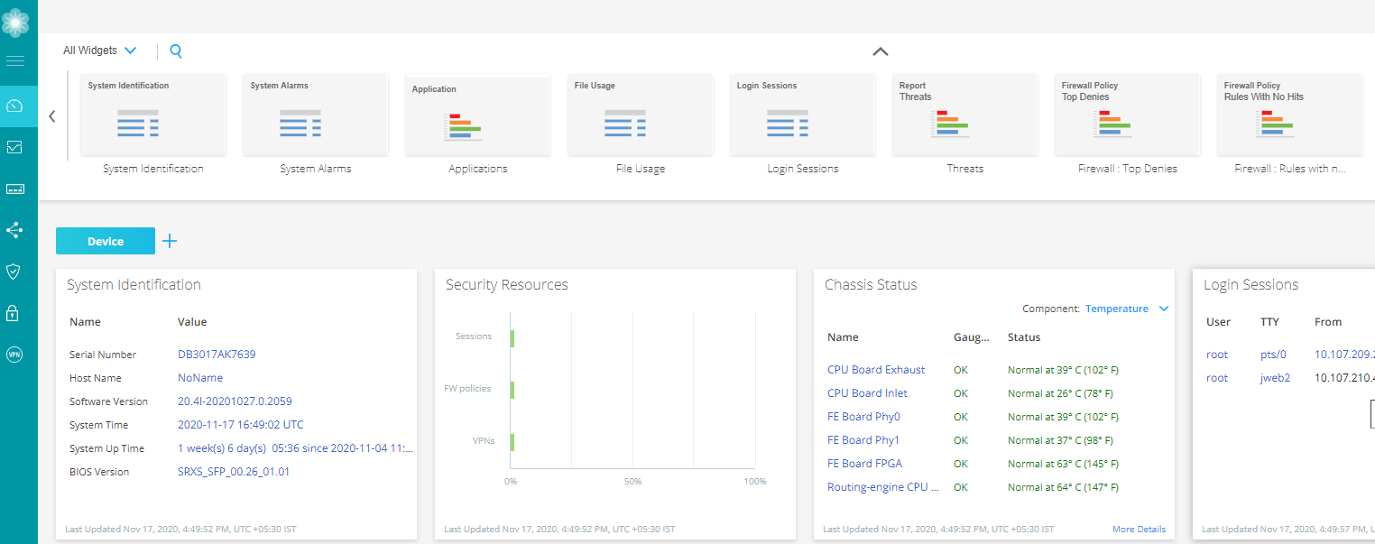 Juniper Networks dashboard with system identification, alarms, application usage, security resources, and chassis status.