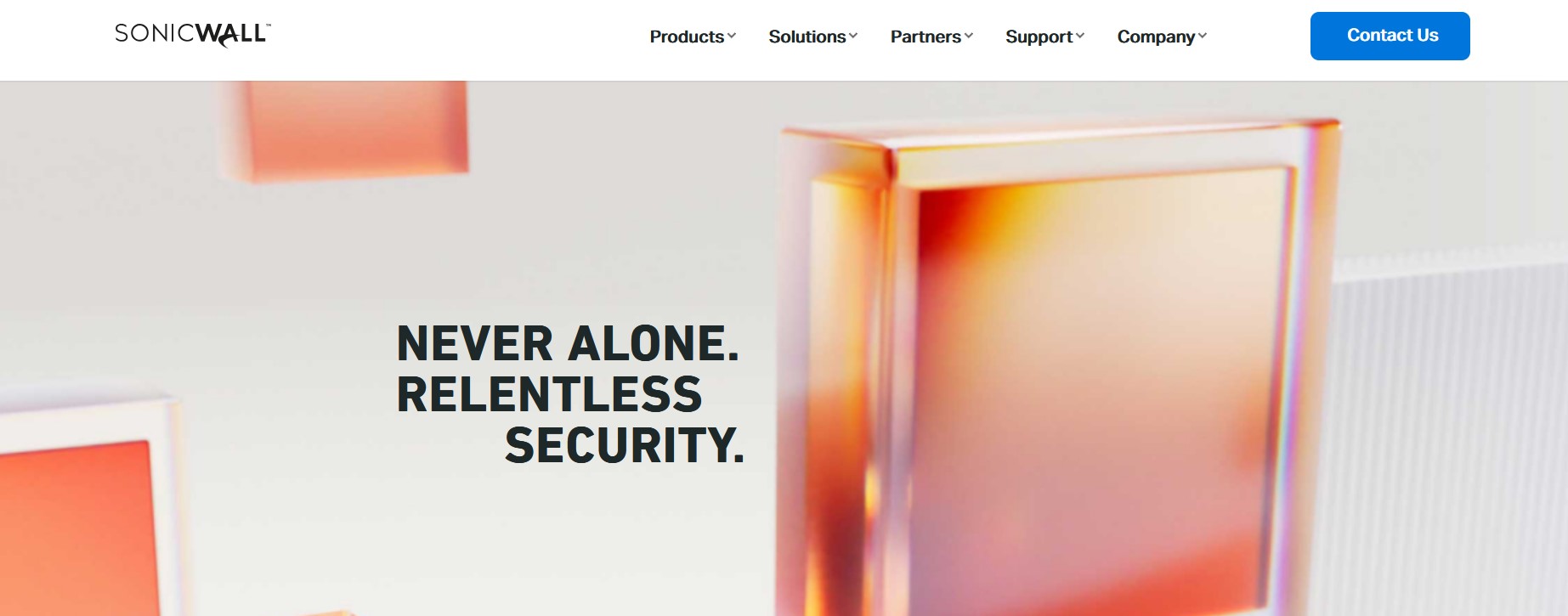 SonicWall homepage with the text "Never Alone. Relentless Security." and abstract orange and white background design.