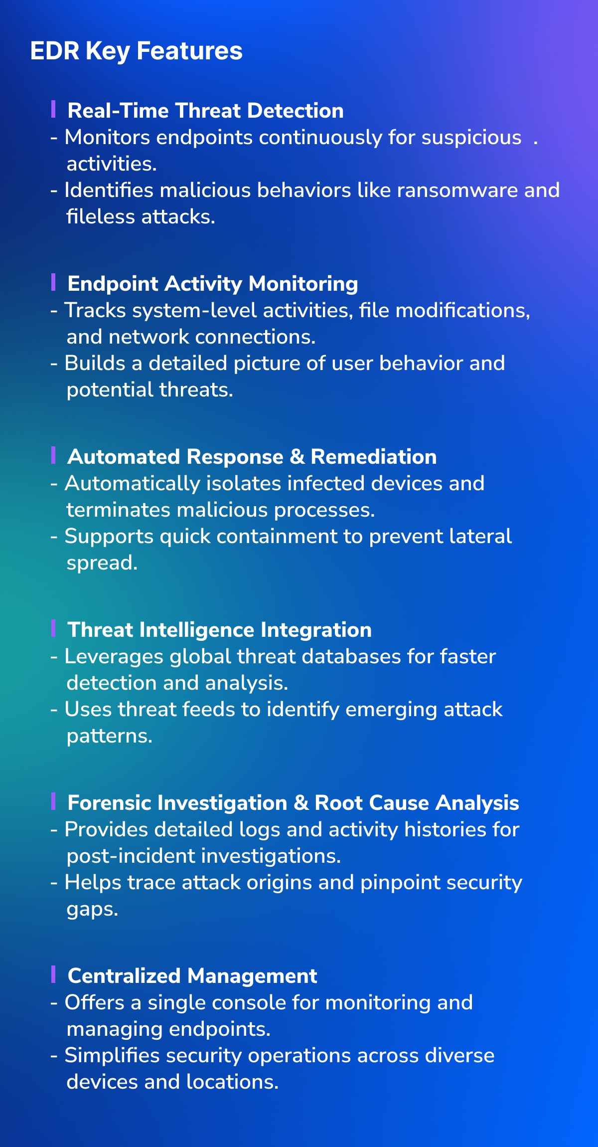 EDR vs. SIEM: Visual list of EDR (Endpoint Detection and Response) key features, including Real-Time Threat Detection, Endpoint Activity Monitoring, Automated Response & Remediation, Threat Intelligence Integration, Forensic Investigation & Root Cause Analysis, and Centralized Management. Each feature is briefly described to highlight its functionality, such as monitoring suspicious activities, automated containment of threats, and providing detailed logs for security investigations.