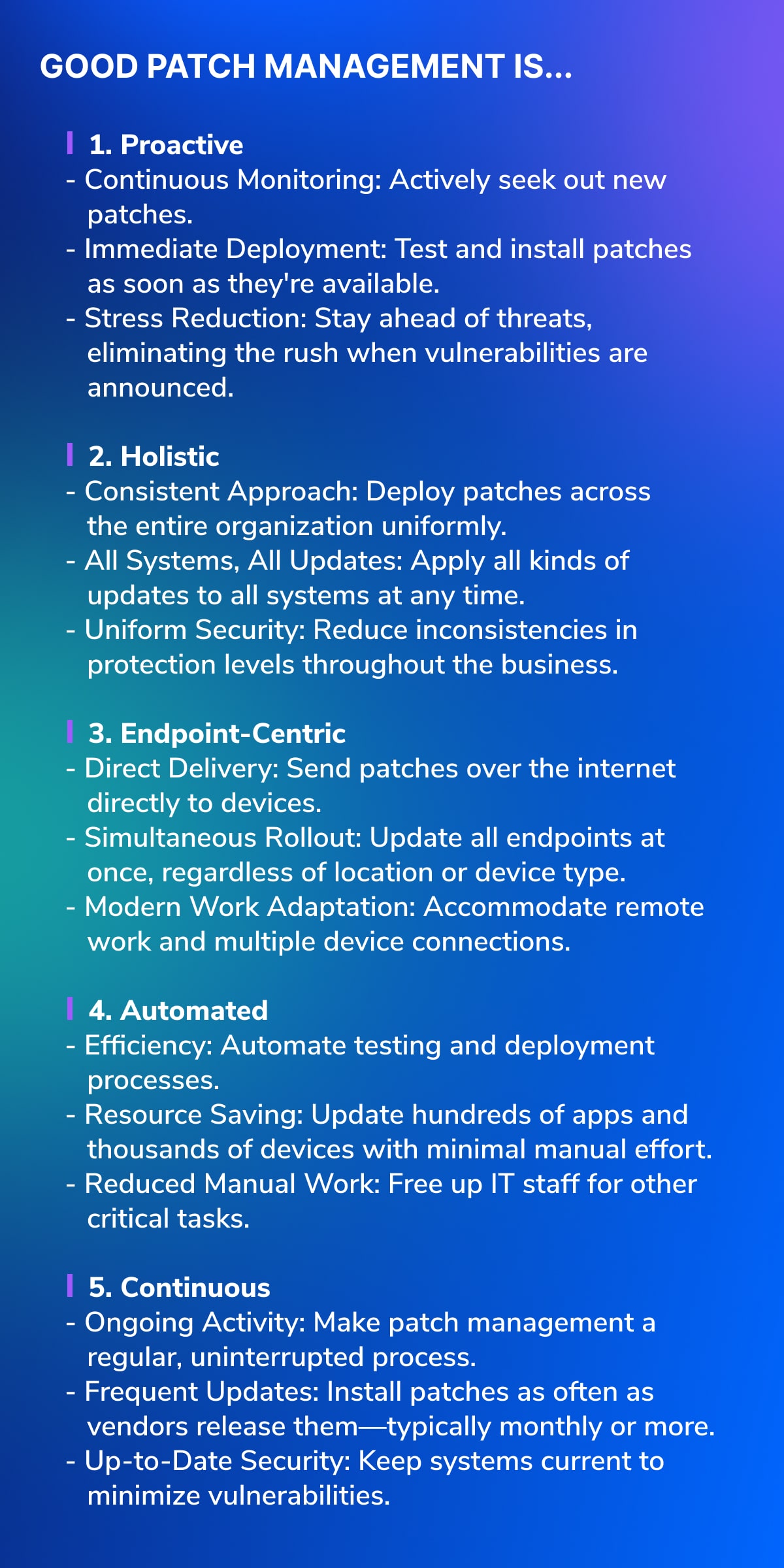 Visual explaining the characteristics of effective patch management, divided into five key attributes: Proactive, Holistic, Endpoint-Centric, Automated, and Continuous. Each attribute is further detailed to show how an optimized patch management process should function for maximum security and efficiency.