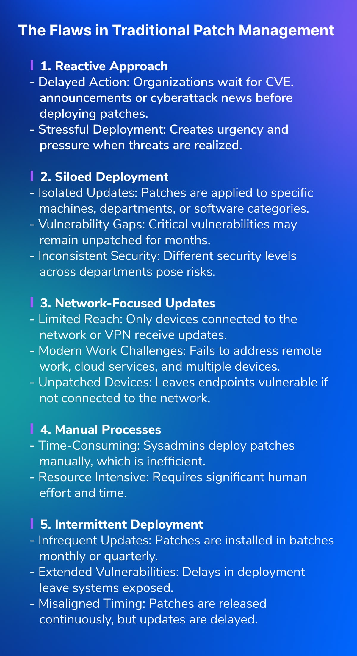 Visual outlining the key flaws of traditional patch management approaches, categorized into five areas: Reactive Approach, Siloed Deployment, Network-Focused Updates, Manual Processes, and Intermittent Deployment. Each flaw is explained to show the limitations and risks involved in outdated patch management methods.