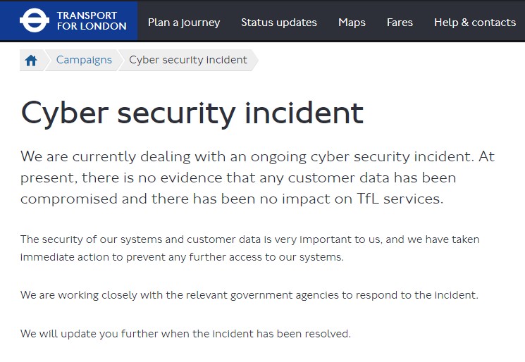 transport for london cyberattack statement