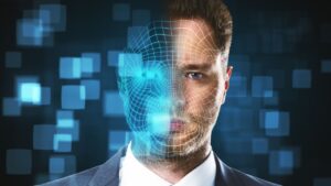 portrait of businessman with digital grid. face id and future concept.