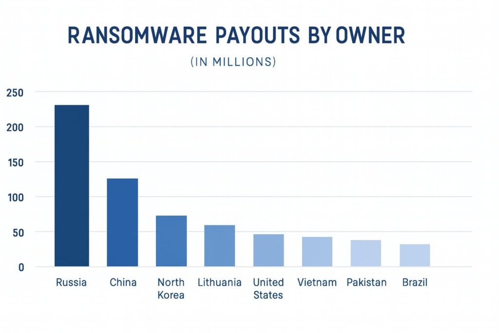 Bar chart showing ransomware payouts by country, with Russia leading, followed by China and North Korea, in Heimdal Security’s blue brand palette on a white background.