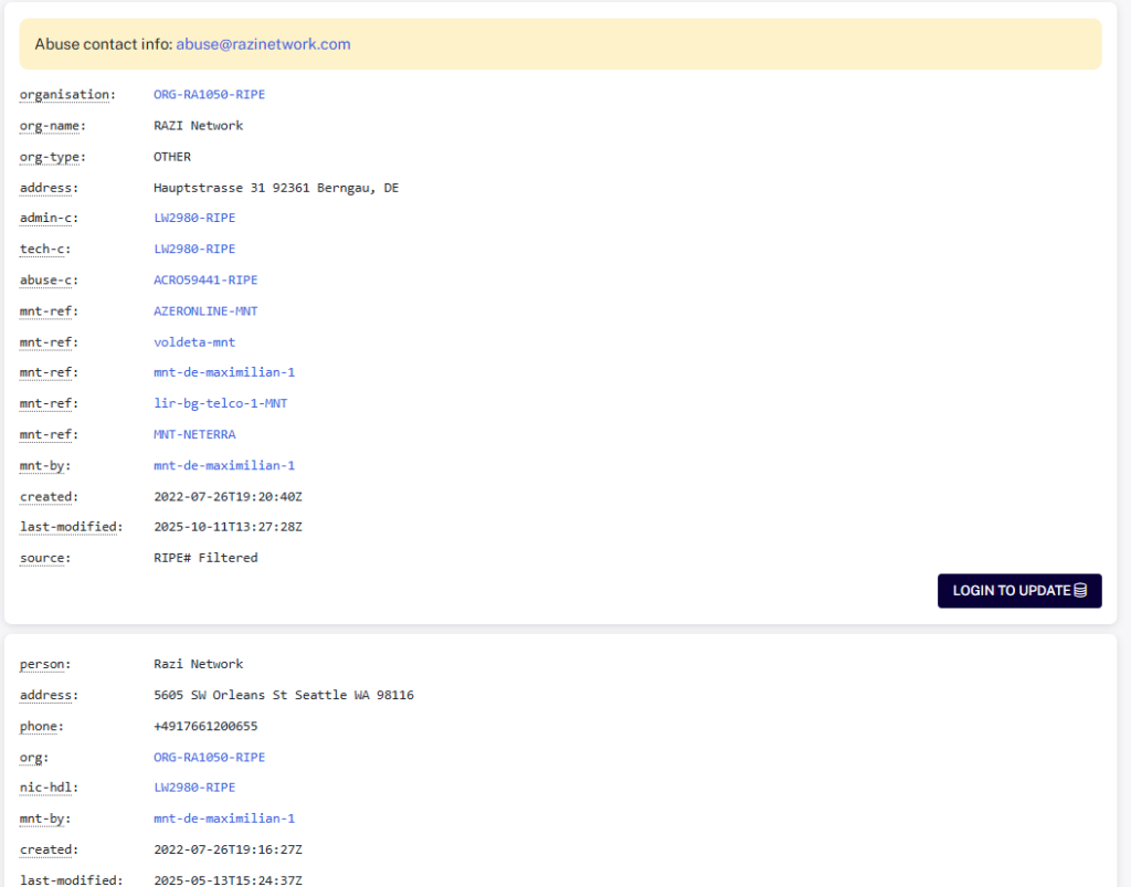 Screenshot of RIPE Database search results for Razi Network showing German and US addresses, contact details, and maintenance records, illustrating suspicious or conflicting registration information.
