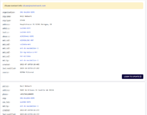 Screenshot of RIPE Database search results for Razi Network showing German and US addresses, contact details, and maintenance records, illustrating suspicious or conflicting registration information.